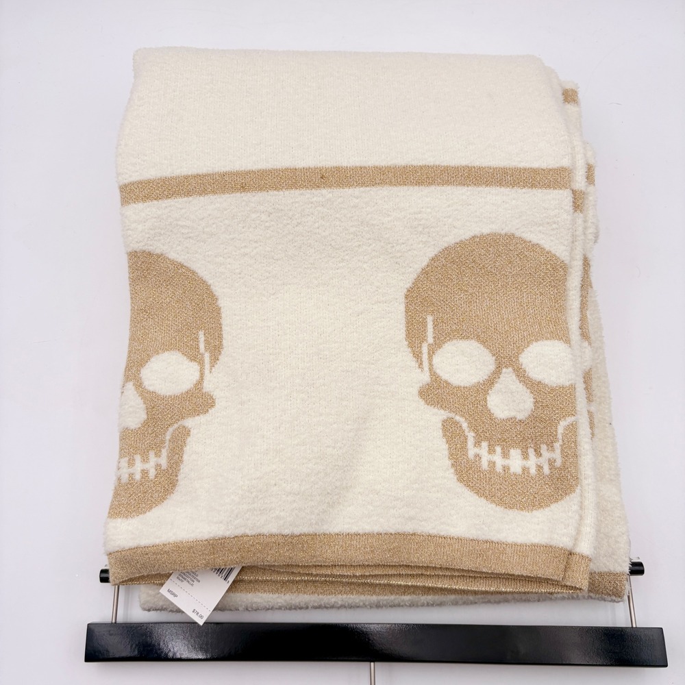Magaschoni Skull Metallic Gold Ivory Knit Decorative Throw‎ Blanket Halloween